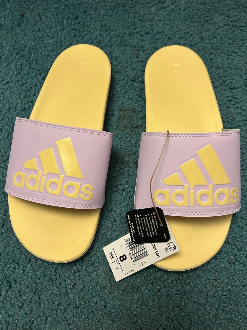 adidas Yellow Footbed Lavender Strap Slide Sandals